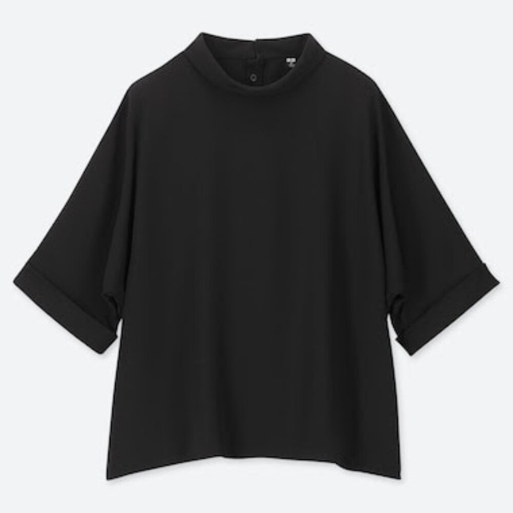 Uniqlo Mock Neck Half Sleeve Drapey Blouse Sz XS Black